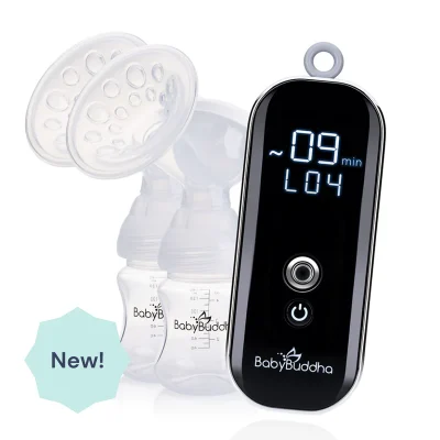 image of the new BabyBuddha 2.0 updated breast pump with its two pumps, bottles, remote, and a "new" sticker on it