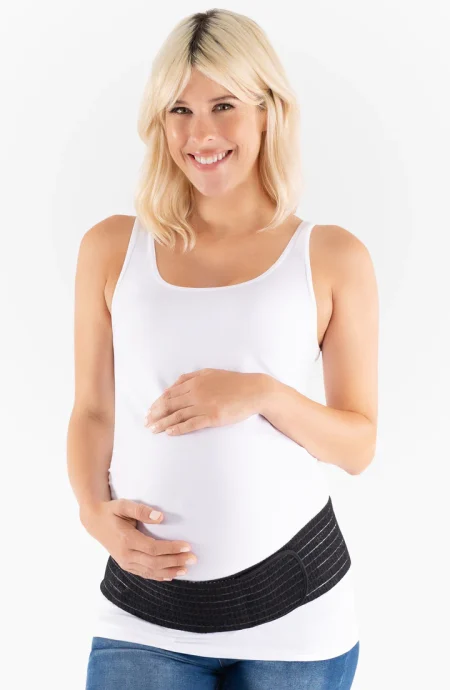 Blonde mother wearing a maternity Belly Support Band