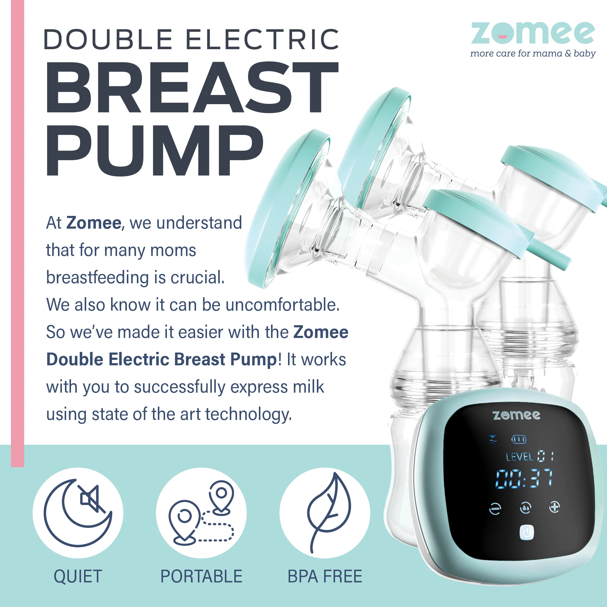 Zomee double electric breast pump infographic