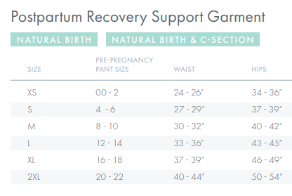 Postpartum recovery support garment size chart