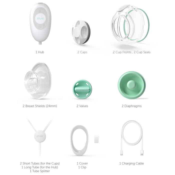 Included parts for the Elvie Breast Pump