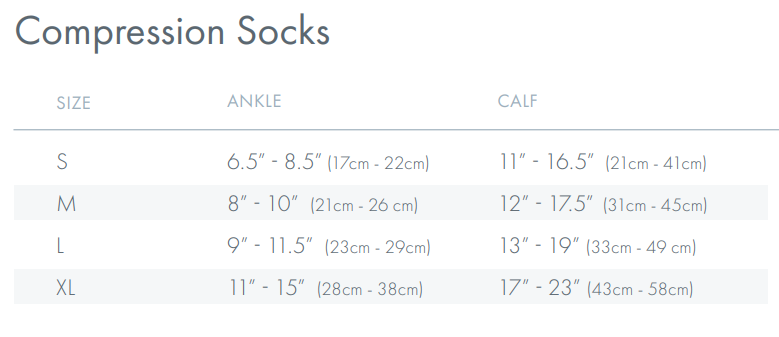 Compression socks size chart