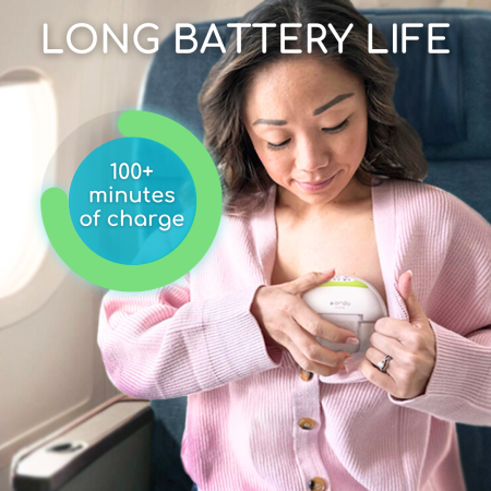 A mom wearing an Ardo Melia Wearable Pump on a plane due to its long battery life