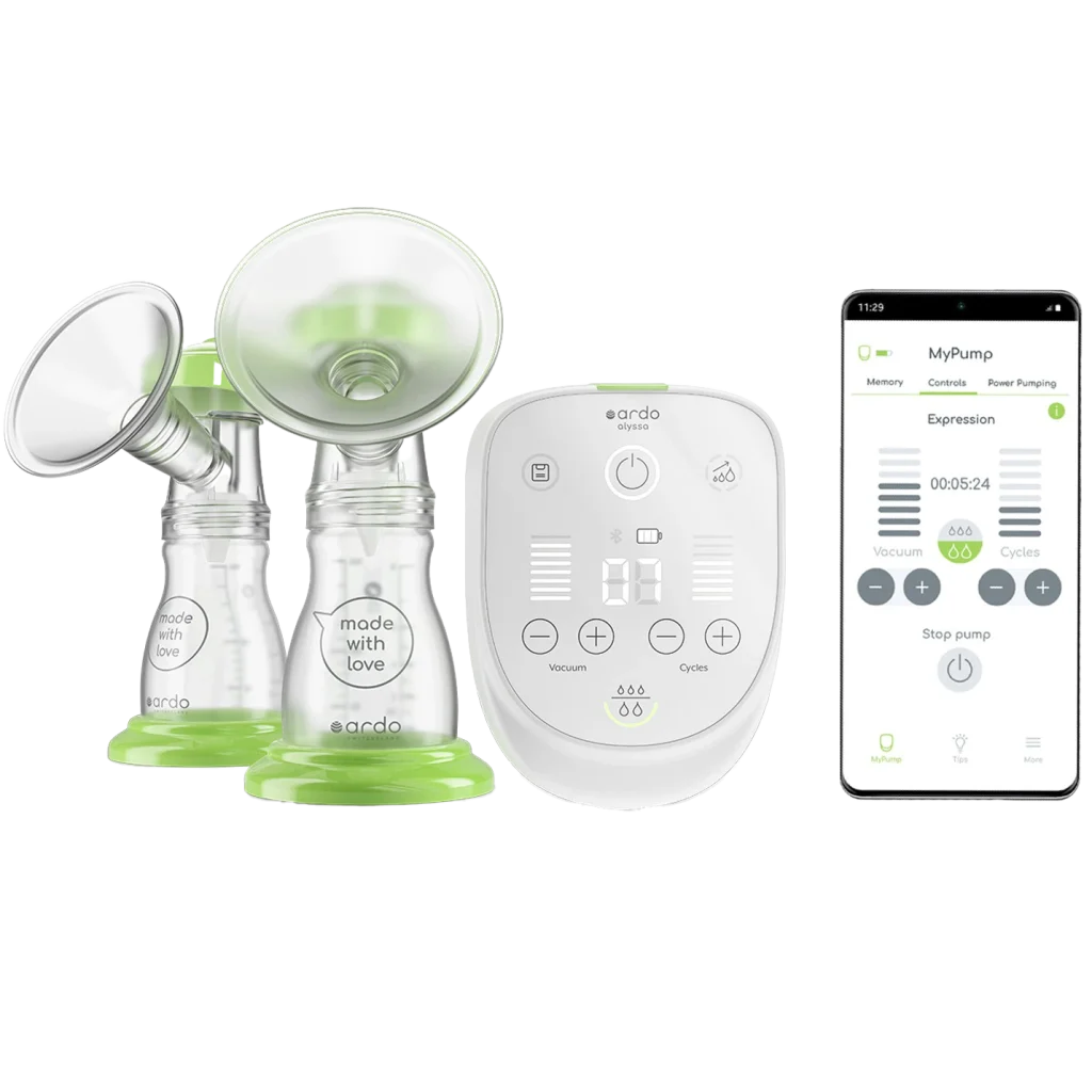 The product featured image for the Ardo Alyssa breast pump featuring a picture of a phone running the Ardo Alyssa companion mobile app