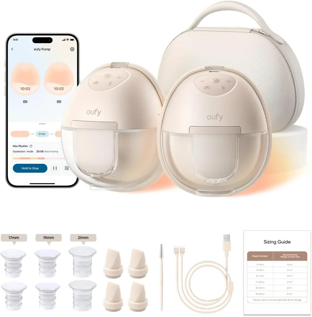 eufy S1 Pro wearable breast pump with its charging case, flange inserts, magnetic cable and the eufy app