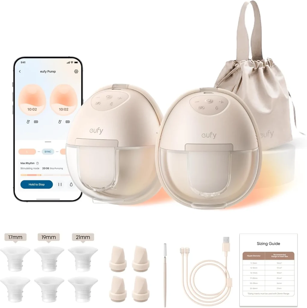 eufy S1 wearable breast pump with its storage bag, flange inserts, magnetic cable and the eufy app