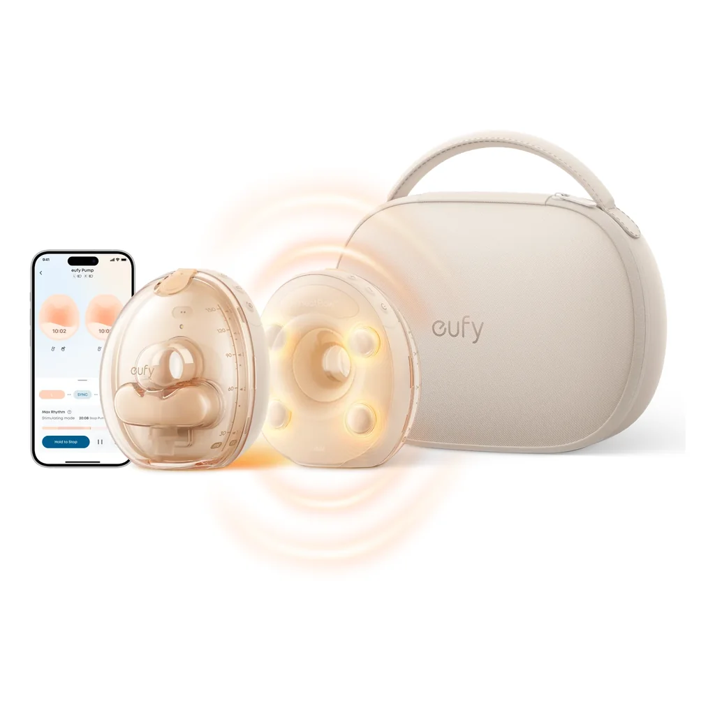 Eufy S2 Pro wearable breast pump hubs with wireless charging case and the eufy app