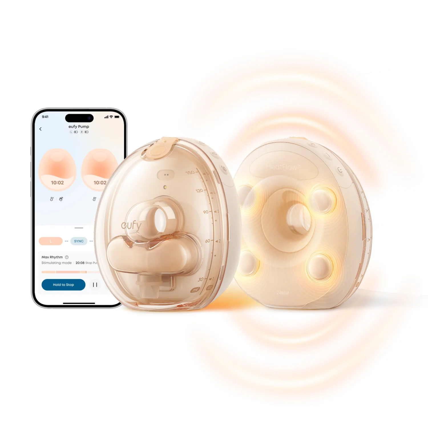eufy S2 wearable breast pump pair with HeatFlow warming flange and the eufy app