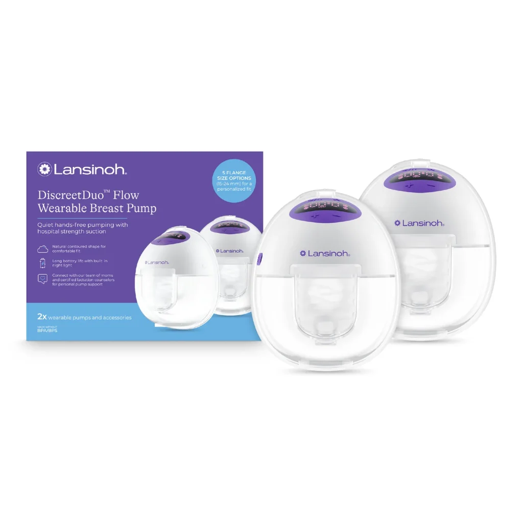 Lansinoh DiscreetDuo Flow wearable breast pump pair with its box