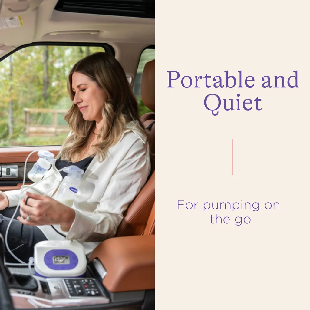 Mom pumping on the go in a parked car with the portable, quiet Lansinoh Smartpump 3.0