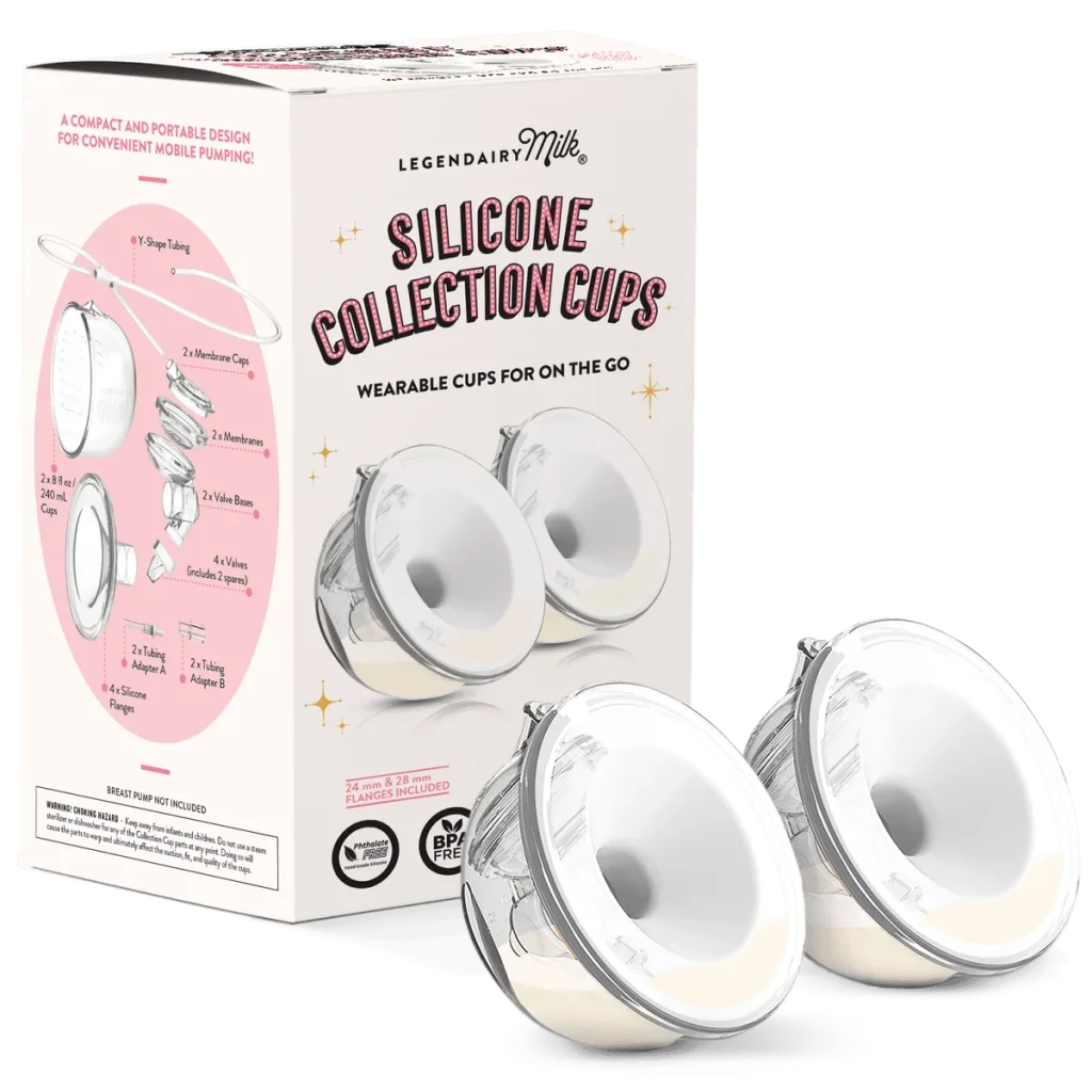 Legendairy Milk Silicone Collection Cups box with two 8 oz in-bra collection cups