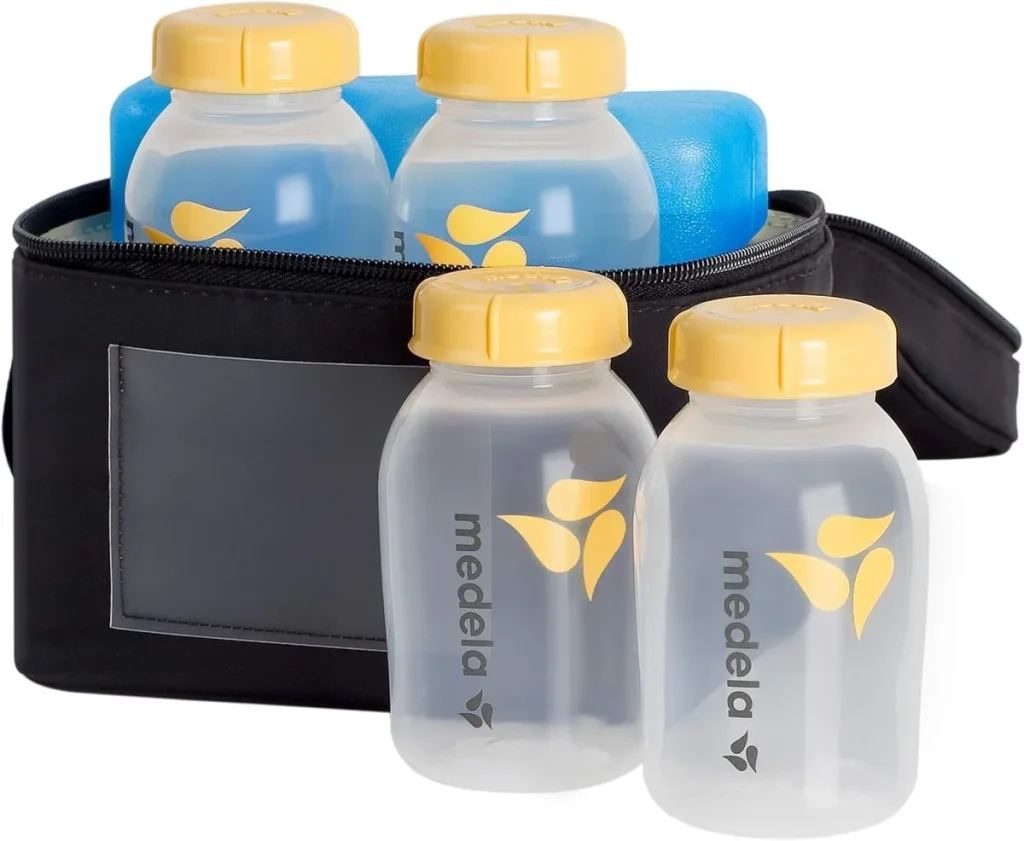Medela breast milk cooler set: black insulated bag, blue contoured ice pack and four 5 oz bottles with yellow lids