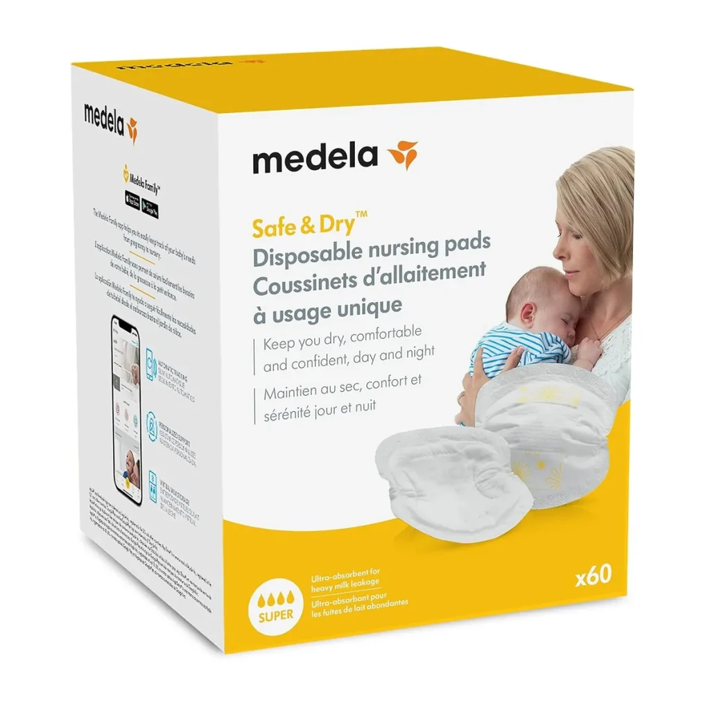 Box of 60 Medela Safe and Dry disposable nursing pads, ultra-absorbent for heavy milk leakage