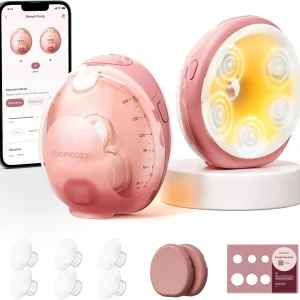 Momcozy W1 Wellness 1 warm-massage wearable breast pump pair with heated flange, app, flange inserts and size ruler