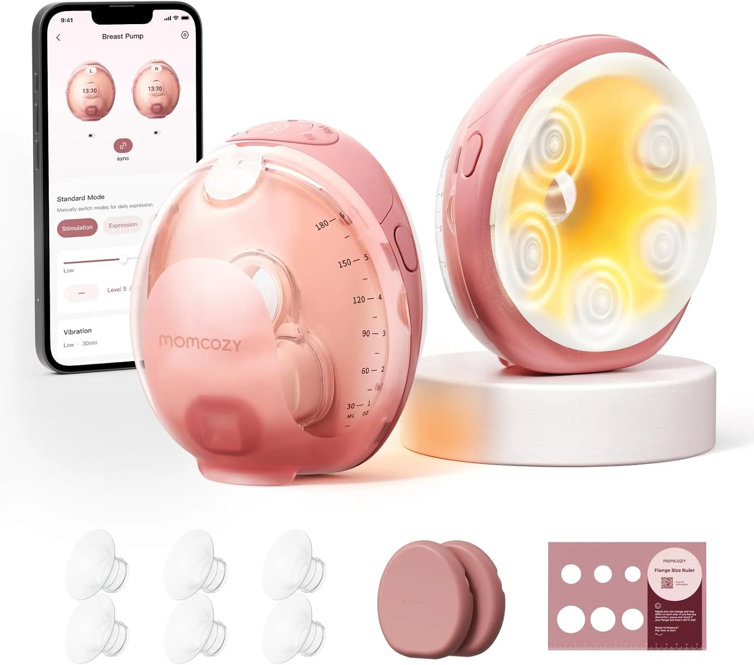 Momcozy W1 warm-massage wearable breast pump pair with heated flange, app and flange inserts