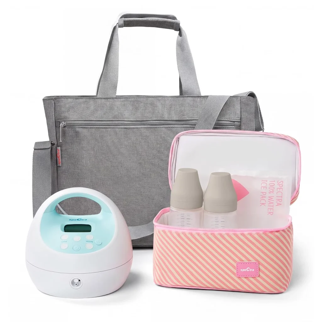 Spectra S1 Plus breast pump bundle with grey tote bag and pink milk cooler