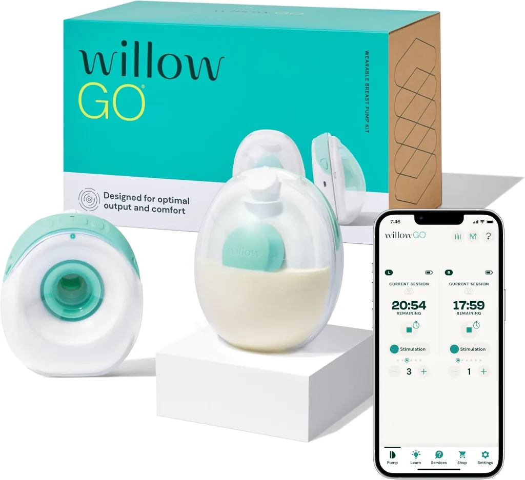 Willow Go wearable breast pump pair with a 5 oz milk container, box and the Willow app