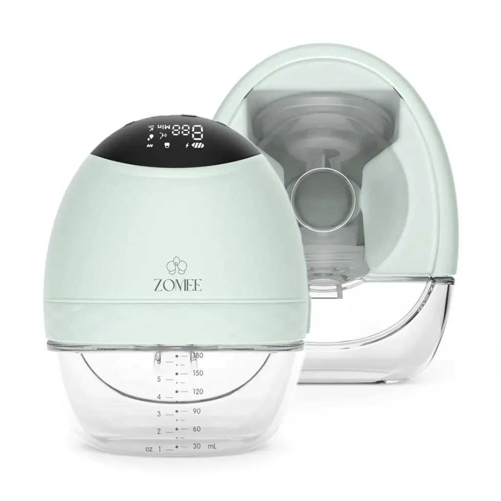 Zomee Fit hands-free wearable breast pump pair in mint green