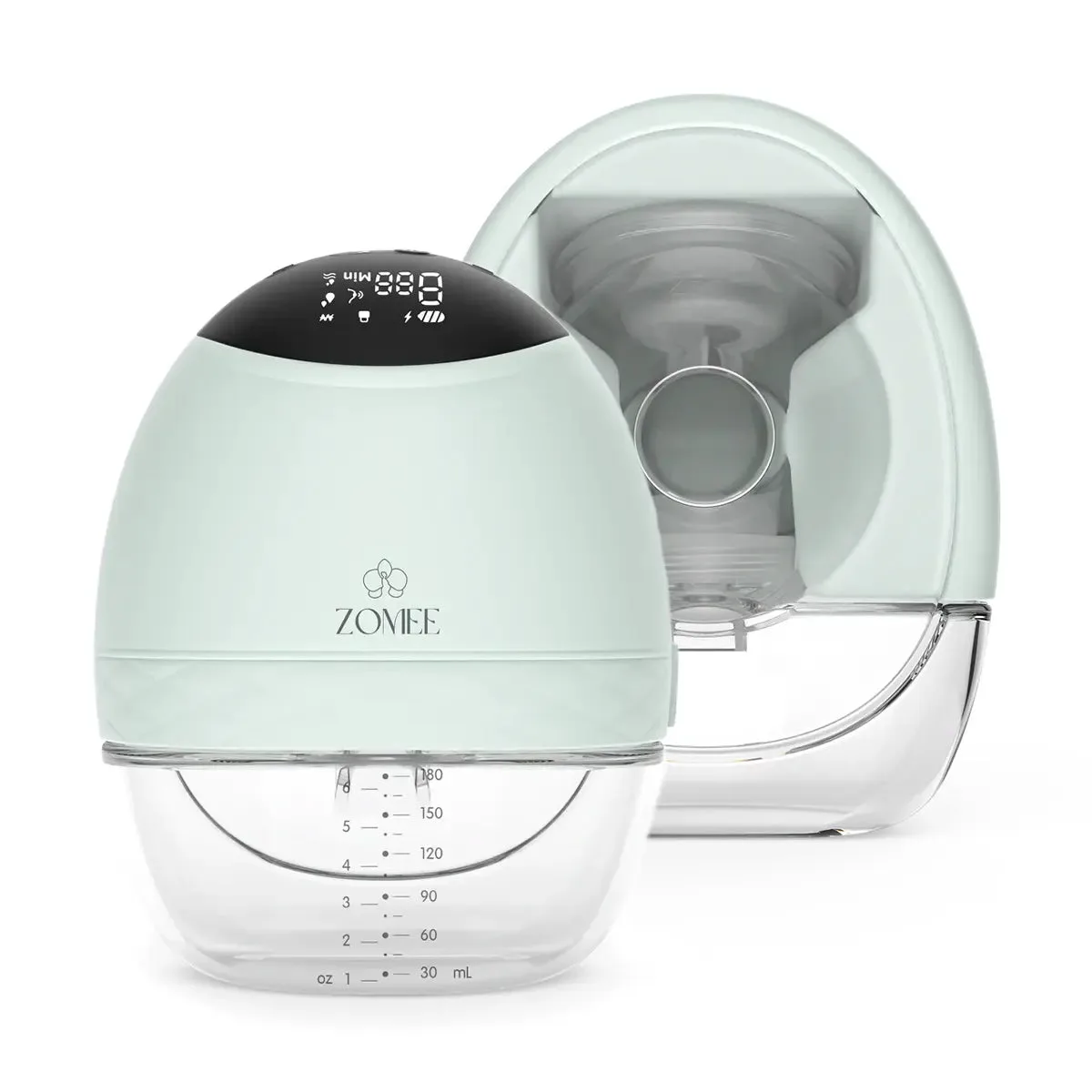Zomee Fit hands-free wearable breast pump pair in mint green