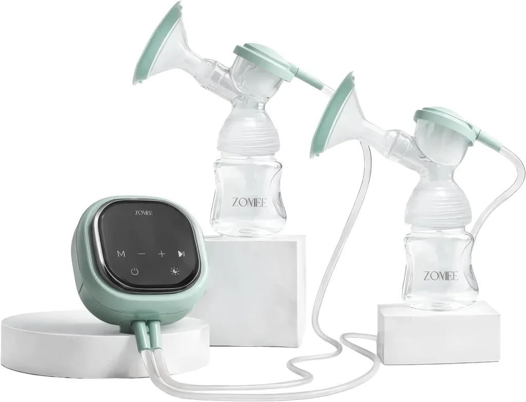 Zomee Z2 double electric breast pump with two breast shields, bottles and touch screen motor