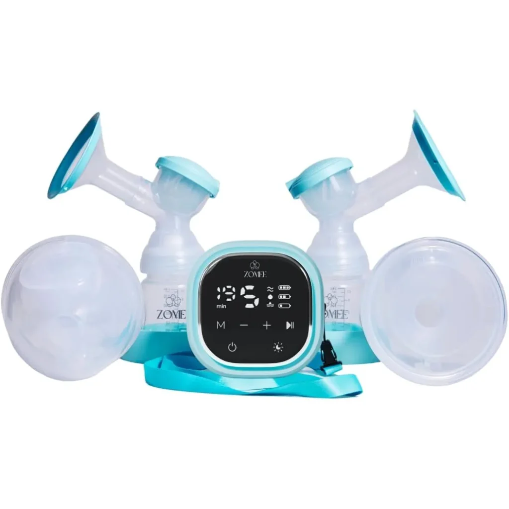 Zomee Z2 breast pump with two silicone hands-free collection cups and lanyard