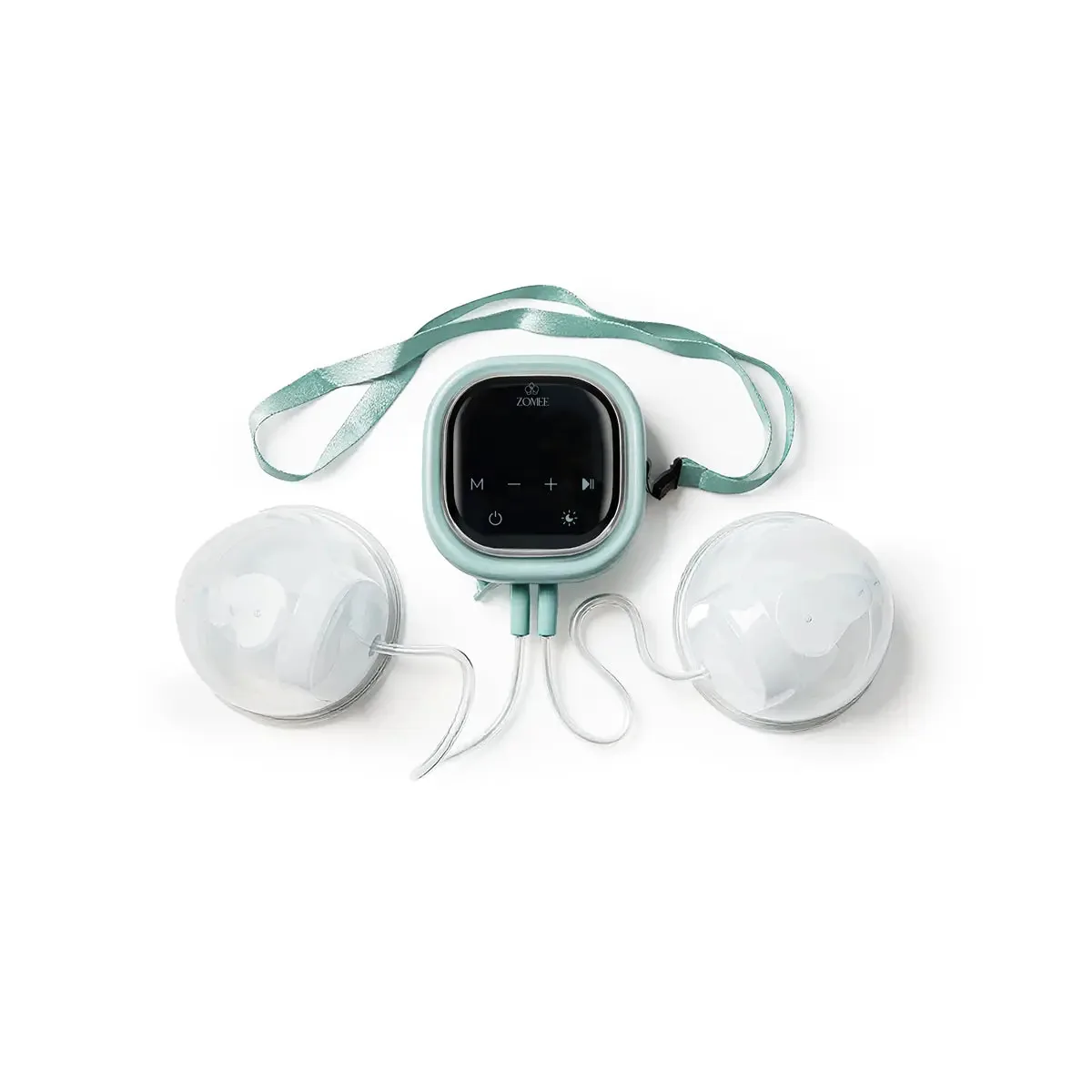Zomee Z2 breast pump motor on its lanyard with tubing connected to two hands-free collection cups